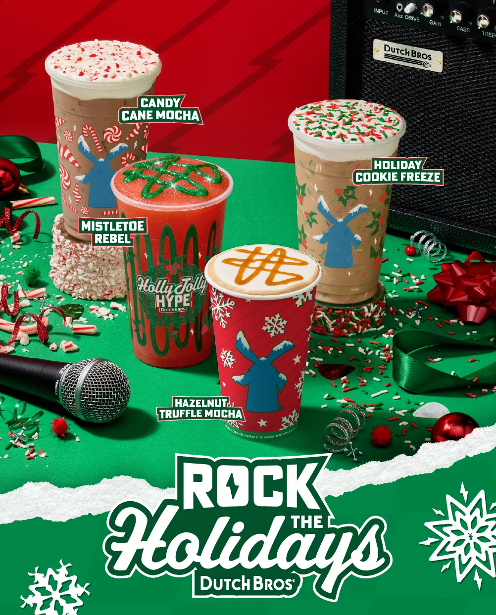 Rock The Holidays | Dutch Bros® | Pictured are three iced drinks and one hot in a festive green and red studio with musical accents