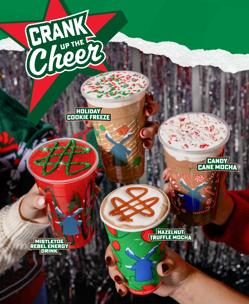 Crank up the Cheer | Holiday Cookie Freeze | Candy Cane Mocha | Mistletoe Rebel Energy Drink | Hazelnut Truffle Mocha