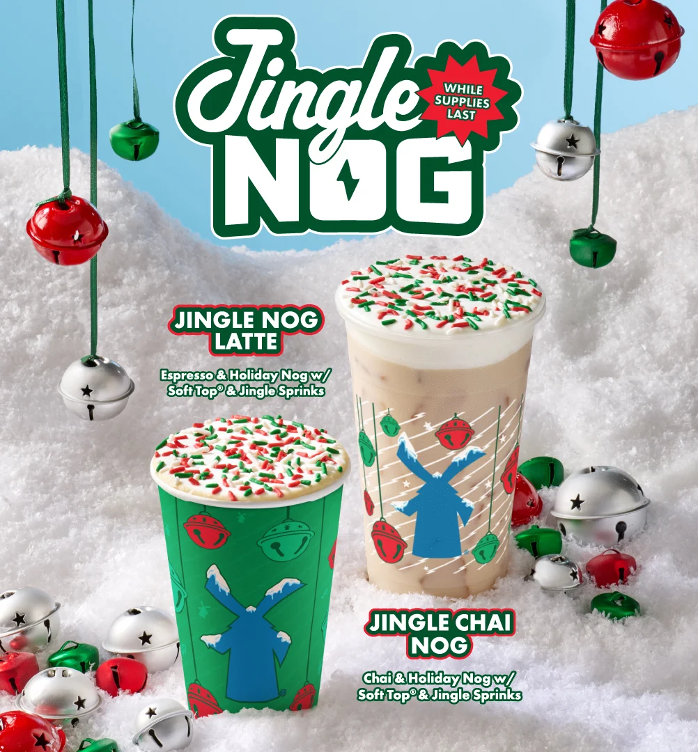 Jingle Nog | While Supplies Last | Jingle Nog Latte - Espresso & Holiday Nog w/ Soft Top® & Jingle Sprinks | Jingle Chai Nog - Chai & Holiday Nog w/ Soft Top® & Jingle Sprinks