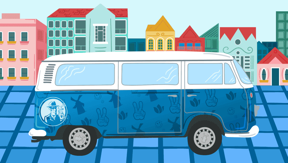 Pictured is a color changing bus against a city graphic