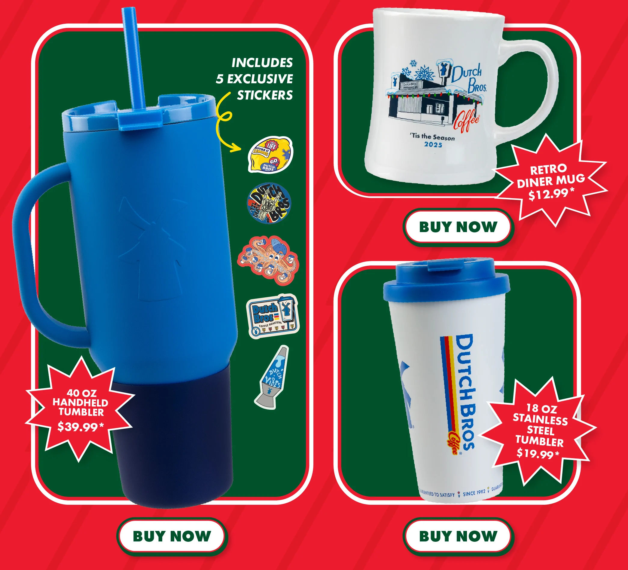 Pictured are three pieces of drinkware: a tumbler, a ceramic mug, and a stainless steel tumbler. | Includes 5 exclusive stickers