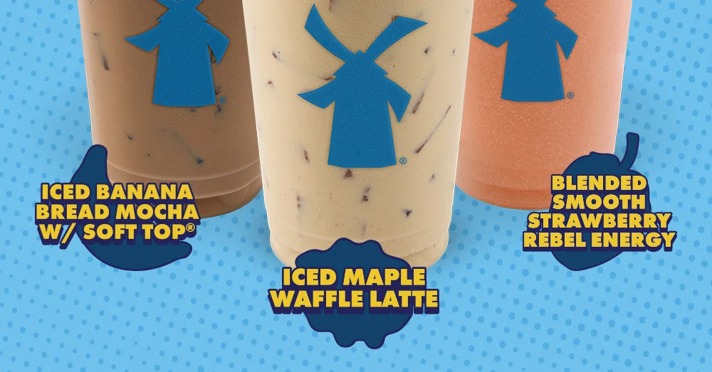 Pictured are the following drinks: Iced Banana Bread Mocha w/ Soft Top®, Iced Maple Waffle Latte, & Blended Smooth Strawberry Rebel Energy