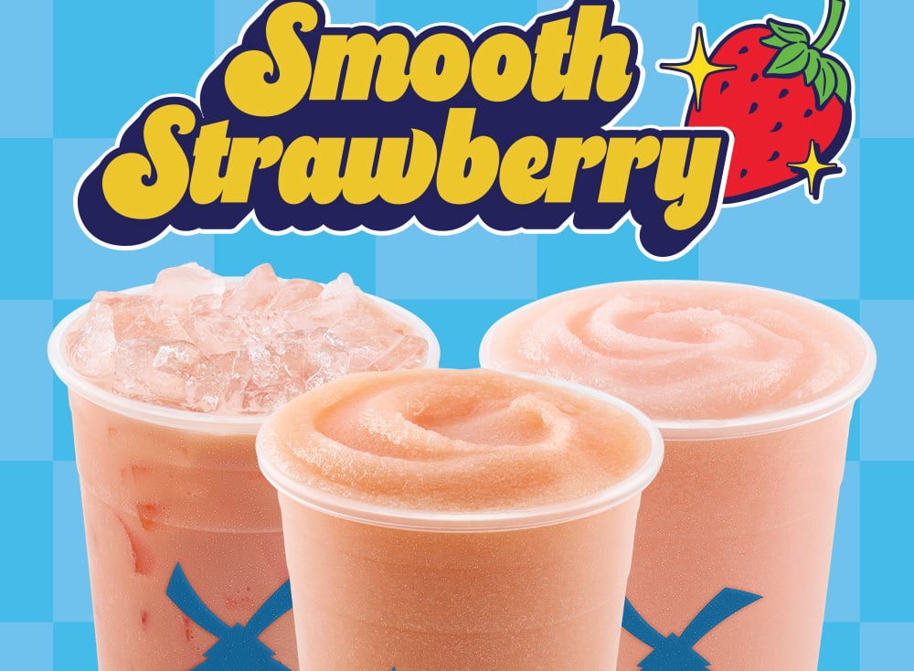 Smooth Strawberry | Three icy drinks pictured against a blue patterned background