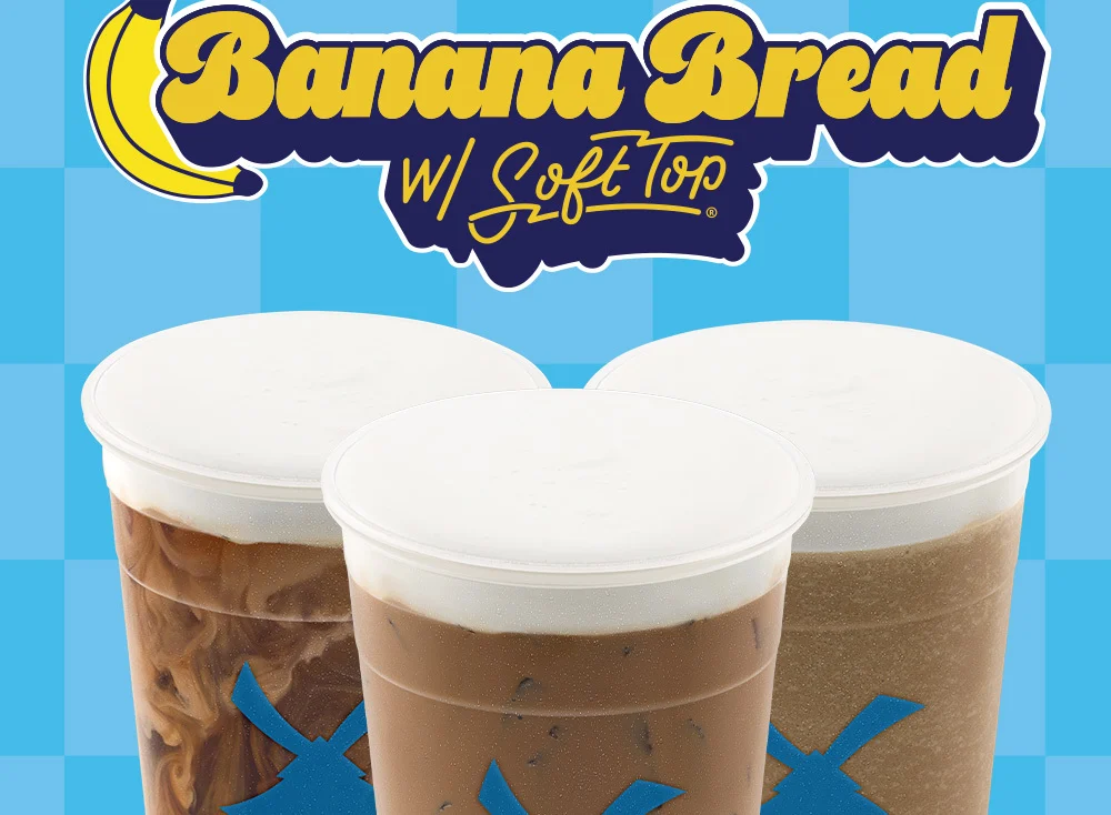 Banana Bread w/ Soft Top | Three icy drinks pictured against a blue patterned background