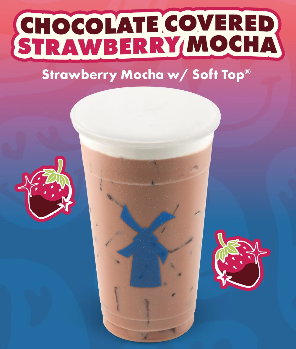 Chocolate Covered Strawberry Mocha | Strawberry Mocha w/ Soft Top® | Pictured is an icy drink against a colorful background