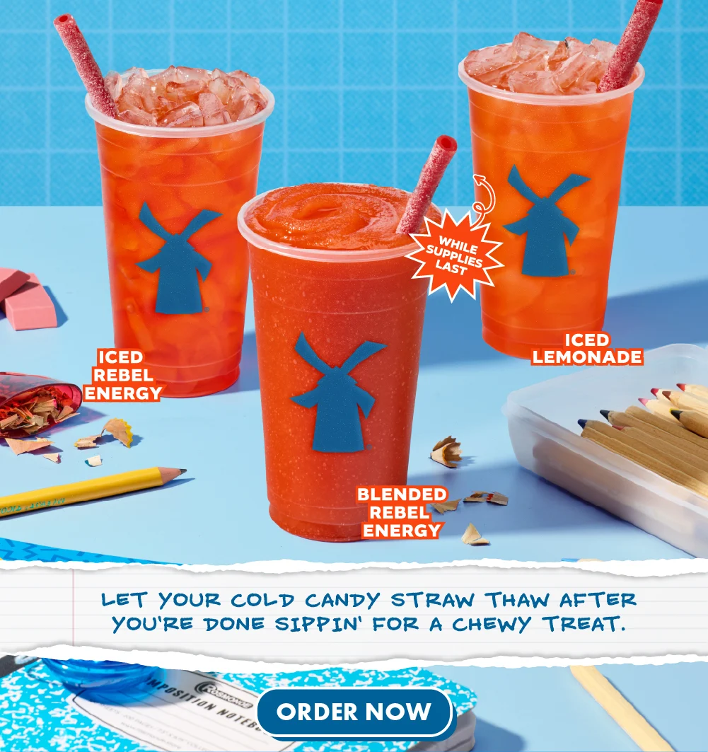 Pictured are three icy red drinks against a blue scene with school supplies | Iced Rebel Energy, Blended Rebel Energy, Iced Lemonade | Let Your Cold Candy Straw Thaw After You're Done Sippin' For A Chewy Treat. | ORDER NOW