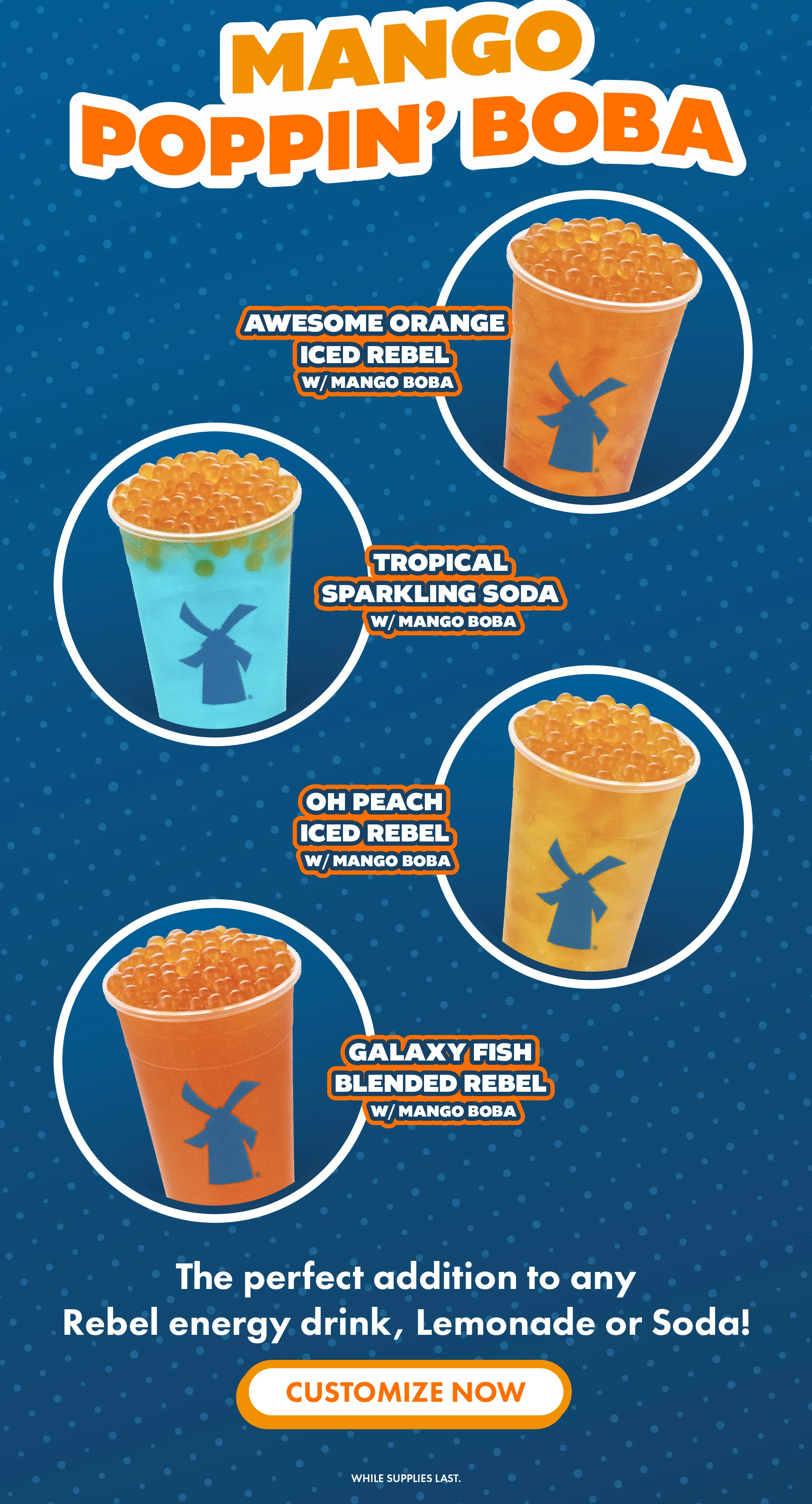 Mango Poppin' Boba | Awesome Orange Iced Rebel w/ Mango Boba, Tropical Sparkling Soda 2/ Mango Boba, Oh Peach Iced Rebel w/ Mango Boba, Galaxy Fish Blended Rebel w/ Mango Boba | The Perfect Addition to any Rebel energy drink, lemonade or soda! | Customize Now! | While Supplies Last