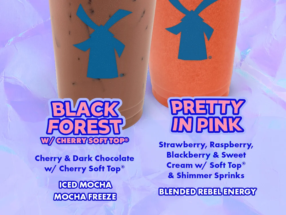 Black Forest W/ Cherry Soft Top® - Cherry & Dark Chocolate W/ Cherry Soft Top® as an Iced Mocha or Mocha Freeze | Pretty In Pink - Strawberry, Raspberry, BlackBerry & Sweet Cream w/ Soft Top® & Shimmer Sprinks as Blended Rebel Energy