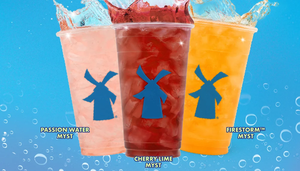 Pictured are three iced drinks: Passion Water Myst, Cherry Lime Myst, Firestorm™ Myst