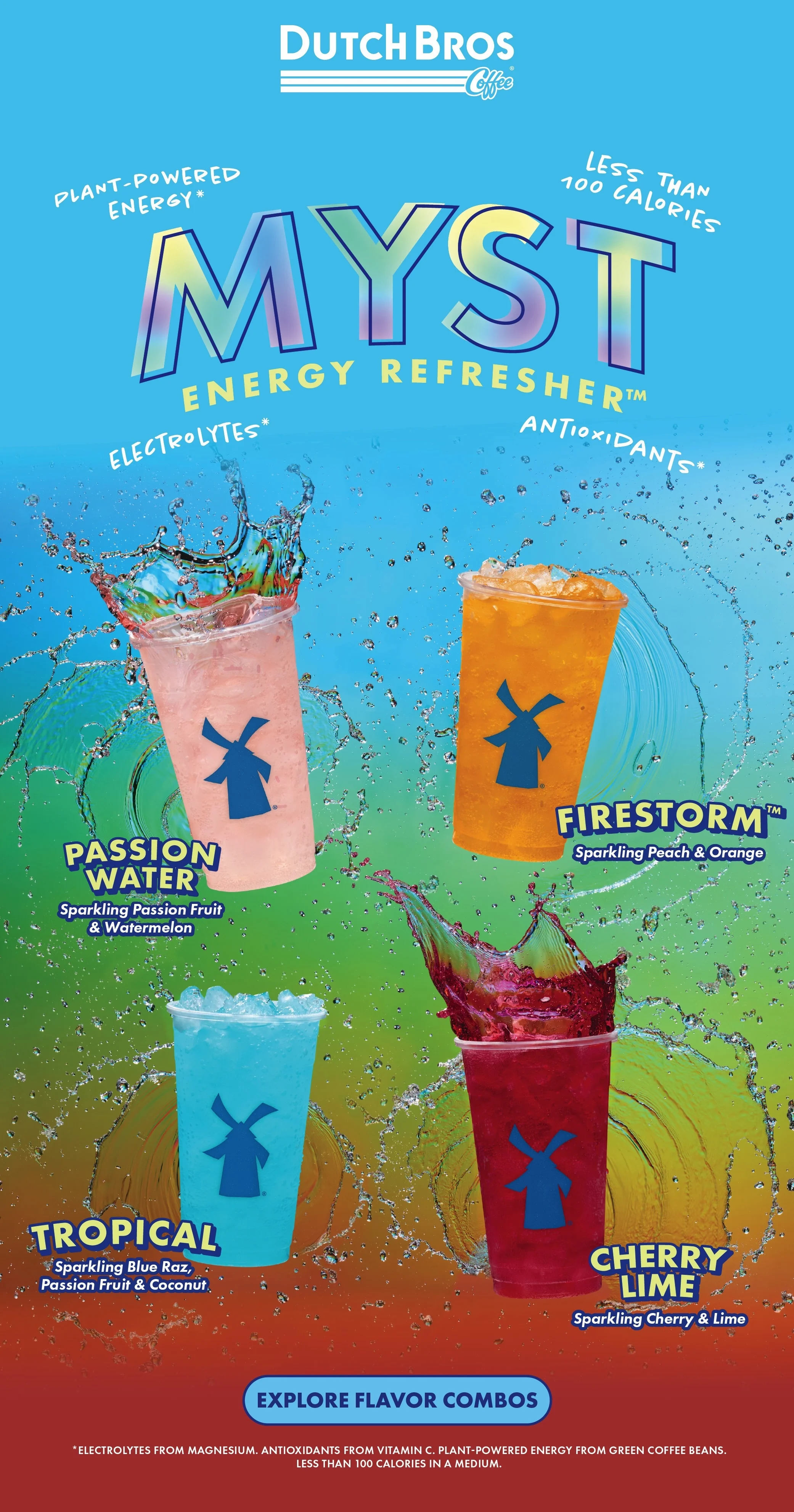 MYST Energy Refresher | Plant Powered Energy - Less That 100 Calories - Electrolytes - Antioxidants | Pictured are the following drinks: Passion Water: Sparkling Passion Fruit & Watermelon, Firestorm™: Sparkling Peach & Orange, Tropical: Sparkling Blue Raz, Passion Fruit & Coconut, Cherry Lime: Sparkling Cherry & Lime | CTA Button Reads: EXPLORE FLAVOR COMBOS | Click to open the Dutch Bros in-app Seasonal Menu