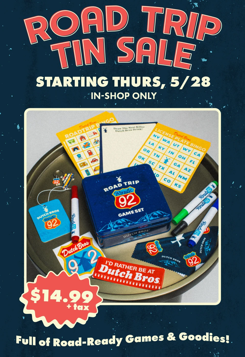 Road Trip Tin Sale | Starting Thurs, 5/28 In-Shop Only | $14.99+tax | Full of Road-Ready Games & Goodies!