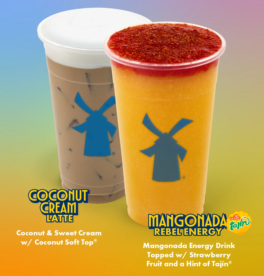 Coconut Cream Latte | Made with Coconut & Sweet Cream w/ Coconut Soft Top | Mangonada Rebel Energy with Tajín | Mangonada Energy Drink Topped w/ Strawberry Fruit and a Hint of Tajín