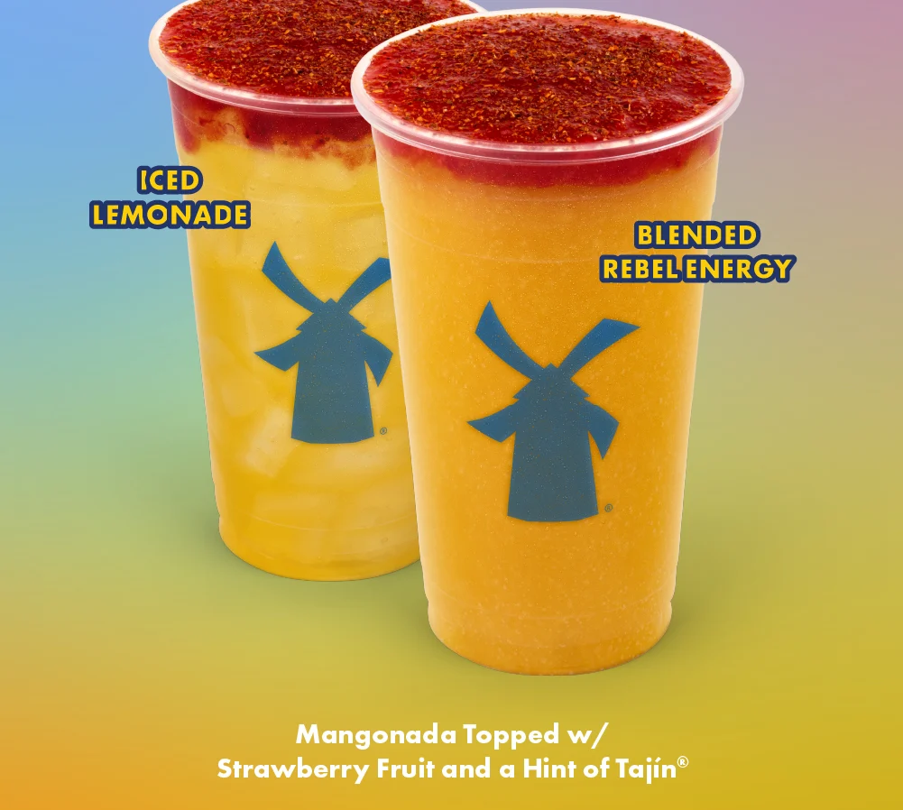 Mangonada Topped w/ Strawberry Fruit and a Hint of Tajín | Image showcases the Iced Lemonade & Blended Rebel Energy Mangonada drinks