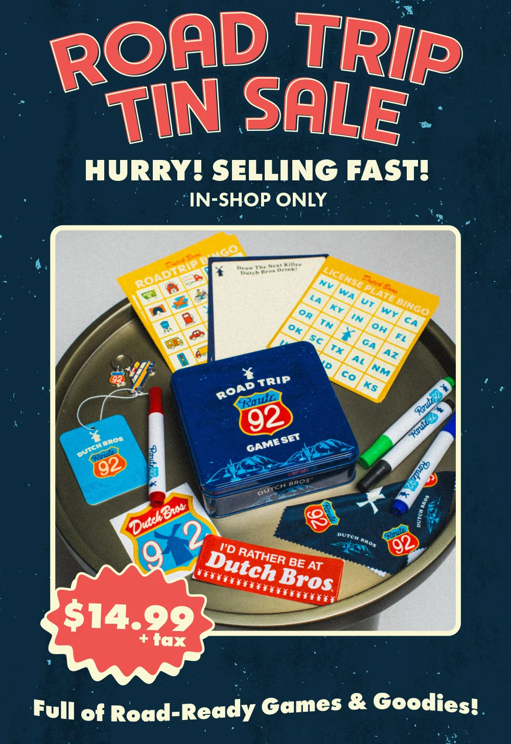 Road Trip Tin Sale | Hurry! Selling Fast! In-Shop Only | $14.99+tax | Full of Road-Ready Games & Goodies!