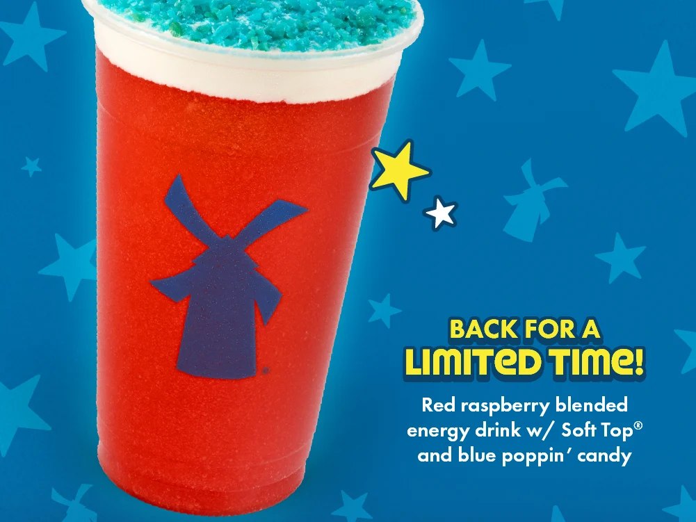 Back for a limited time! | Red raspberry blended energy drink w/ Soft Top and blue poppin' candy. 