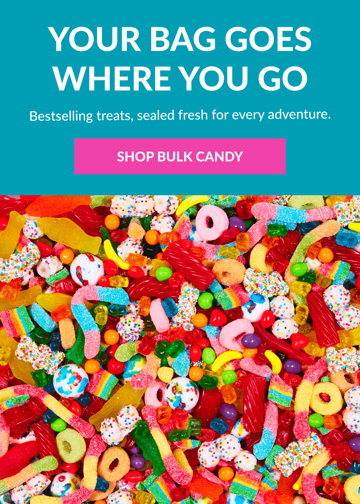Your Bag Goes Where You Go Bestselling treats, sealed fresh for every adventure. SHOP BULK CANDY
