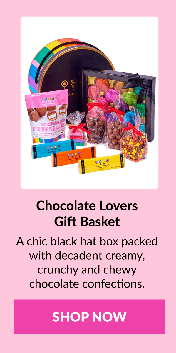 Chocolate Lovers Gift Basket  A chic black hat box packed with decadent creamy, crunchy and chewy chocolate confections. SHOP NOW