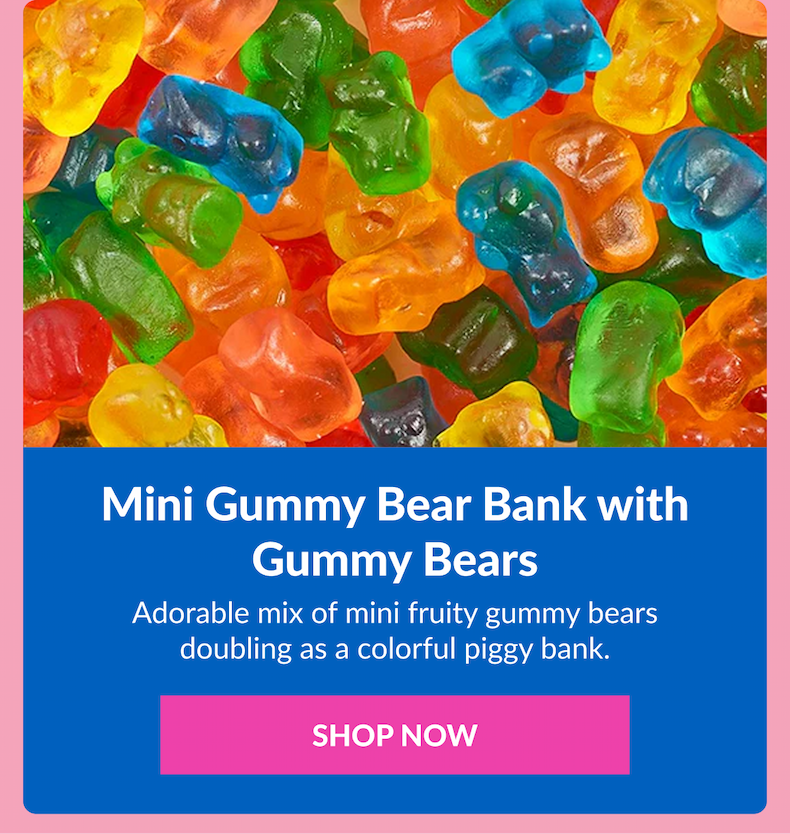 Mini Gummy Bear Bank with Gummy Bears  Adorable mix of mini fruity gummy bears doubling as a colorful piggy bank. SHOP NOW