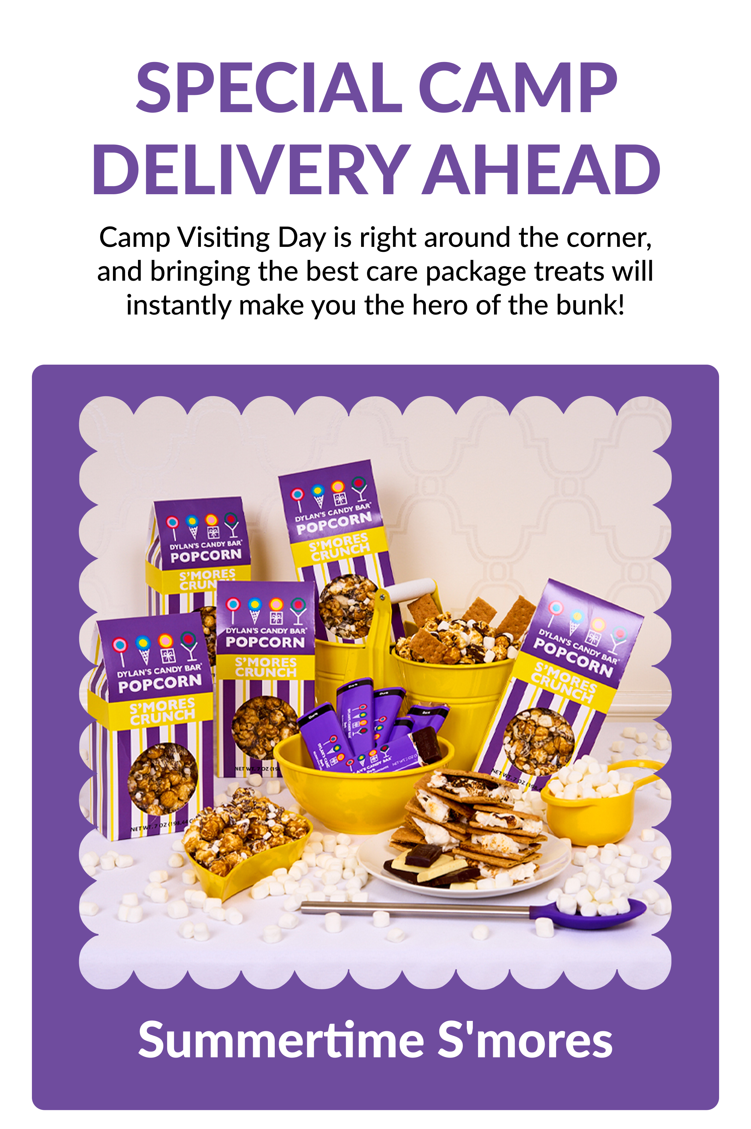 Special Camp Delivery Ahead Camp Visiting Day is right around the corner, and bringing the best care package treats will instantly make you the hero of the bunk! Summertime S'mores