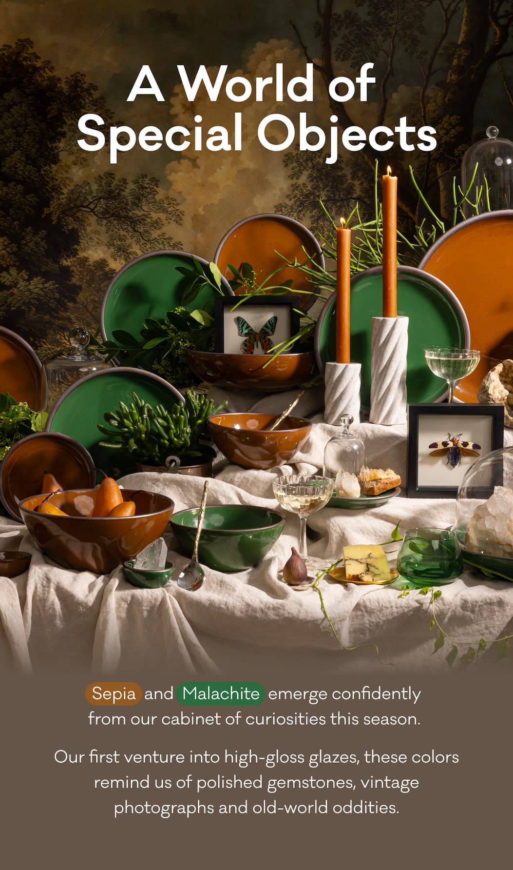 A World of Special Objects - Sepia  and  Malachite  emerge confidently from our cabinet of curiosities this season.  Our first venture into high-gloss glazes, these colors remind us of polished gemstones, vintage photographs and old-world oddities.