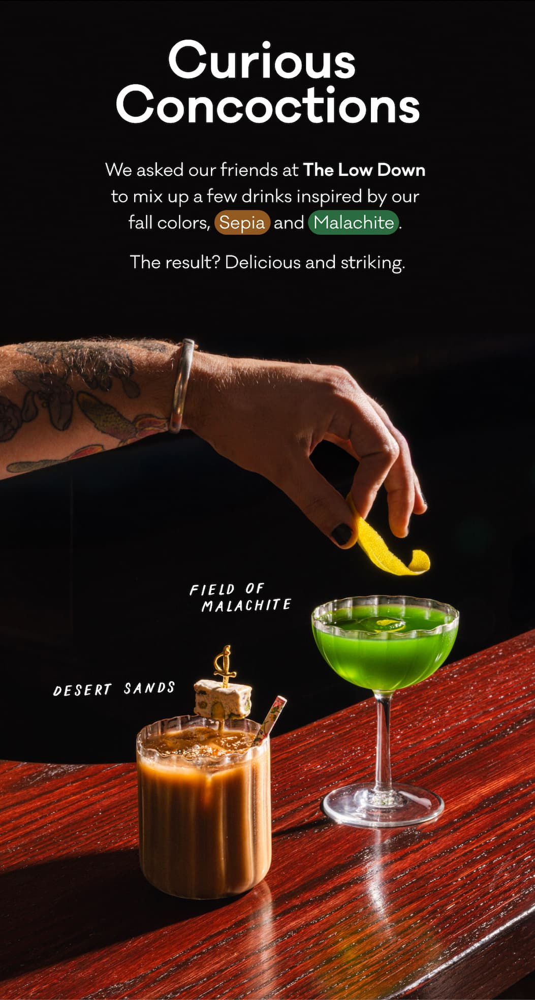 Curious Concoctions - We asked our friends at The Low Down  to mix up a few drinks inspired by our  fall colors,  Sepia  and  Malachite .  The result? Delicious and striking. 