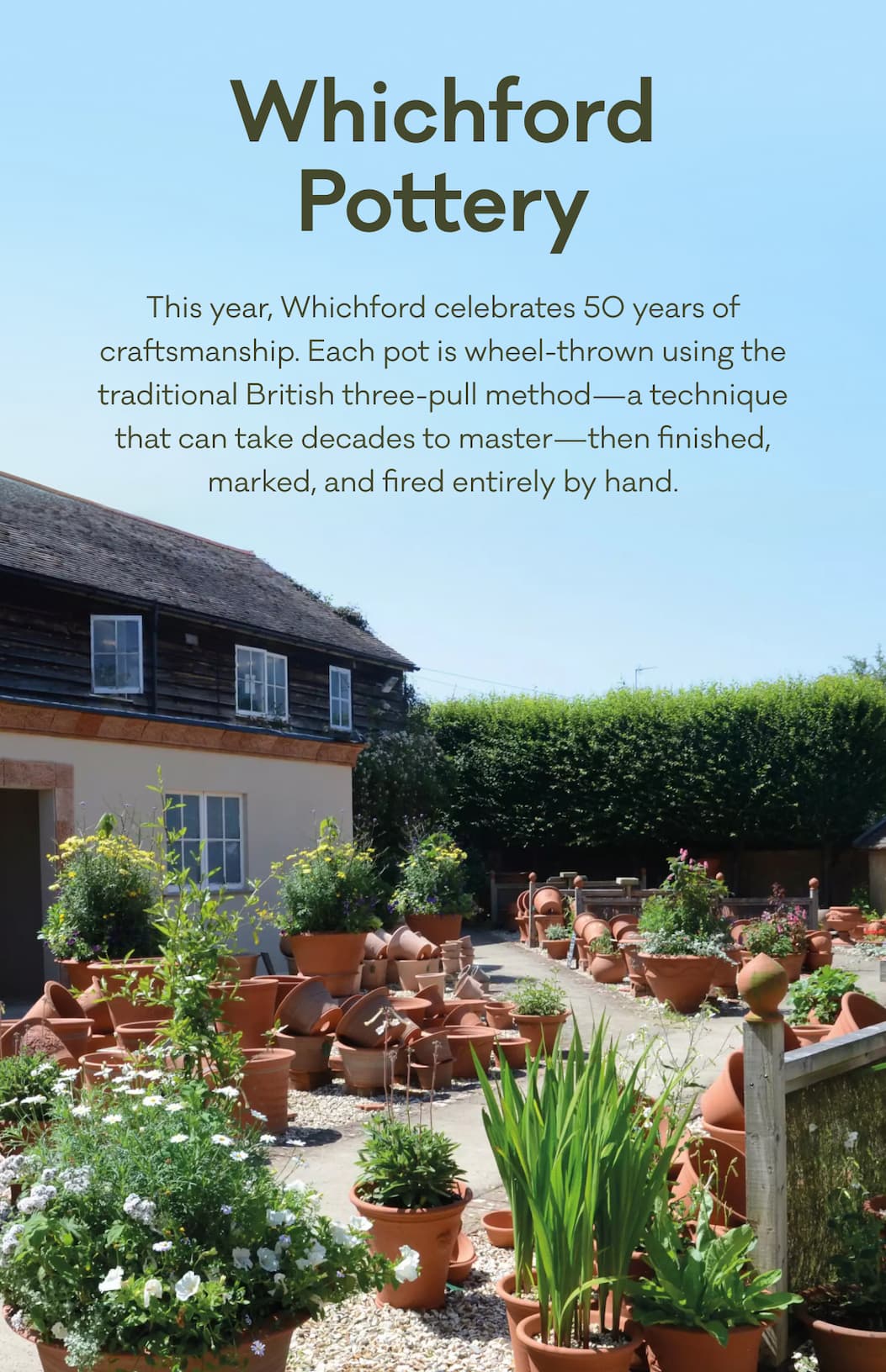 Whichford Pottery - This year, Whichford celebrates 50 years of craftsmanship. Each pot is wheel-thrown using the traditional British three-pull method—a technique that can take decades to master—then finished, marked, and fired entirely by hand.