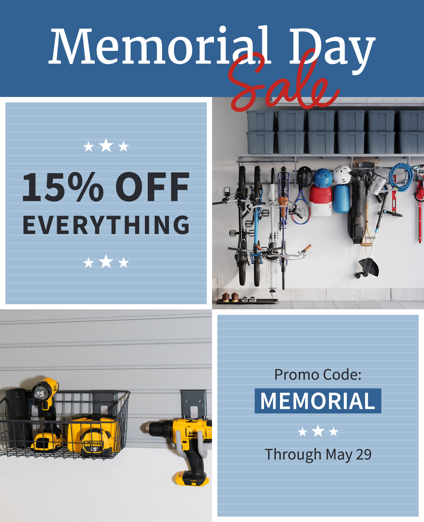 Memorial Day Sale, 15% off everything, shop now, Through May 29