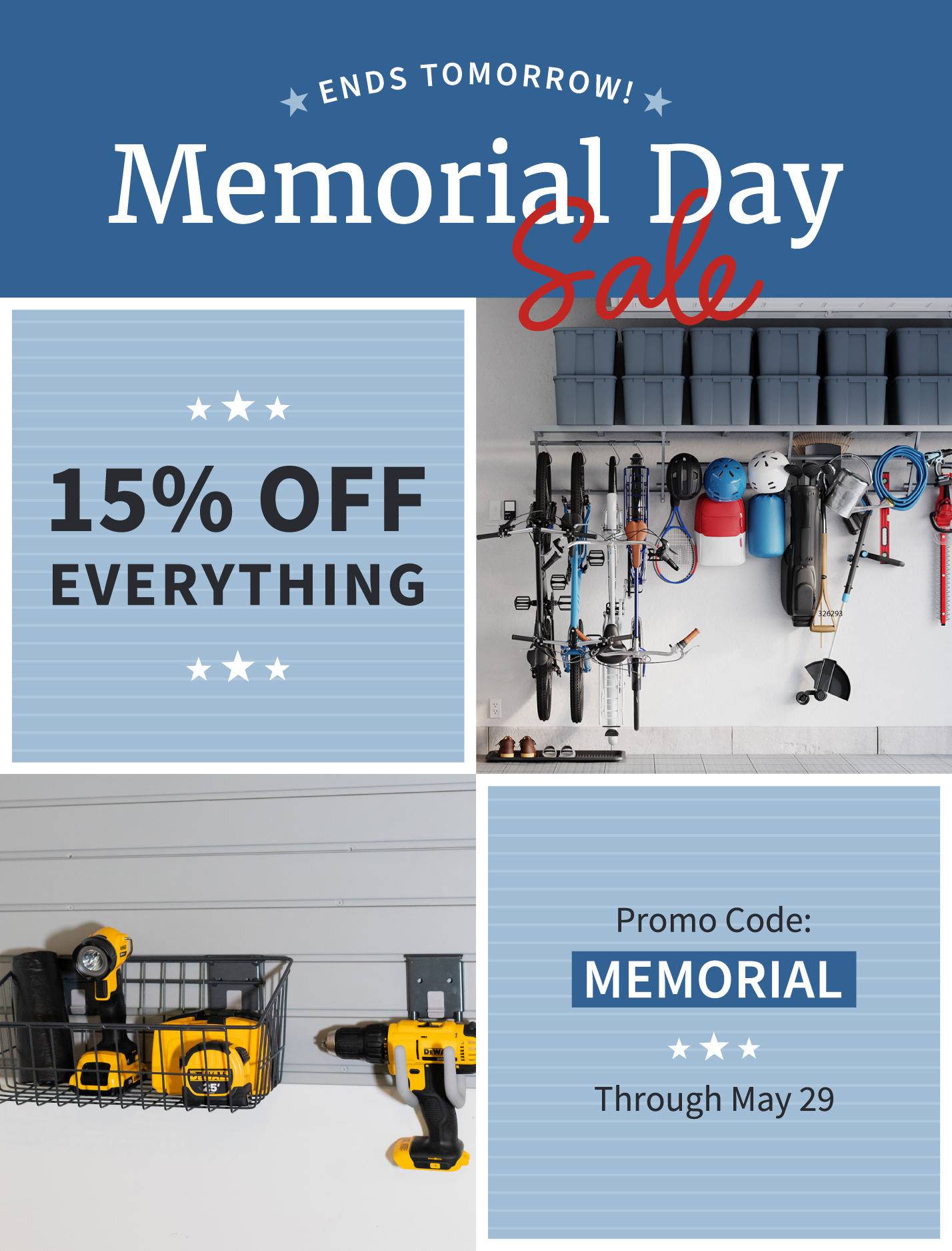 Memorial Day Sale, 15% off everything, shop now, Through May 29