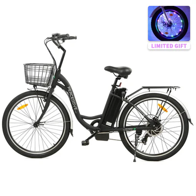 Ecotric 26inch Black Peacedove electric city bike with basket and rear rack