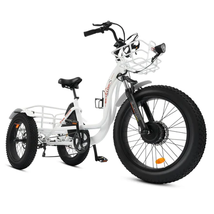 Ecotric 48V 24"x4.0 Front 20"x4.0 Rear Tires Tricycle electric bike with Front Basket + Rear Rack White