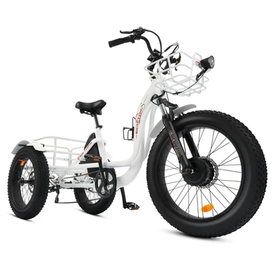Ecotric 48V 24"x4.0 Front 20"x4.0 Rear Tires Tricycle electric bike with Front Basket + Rear Rack White