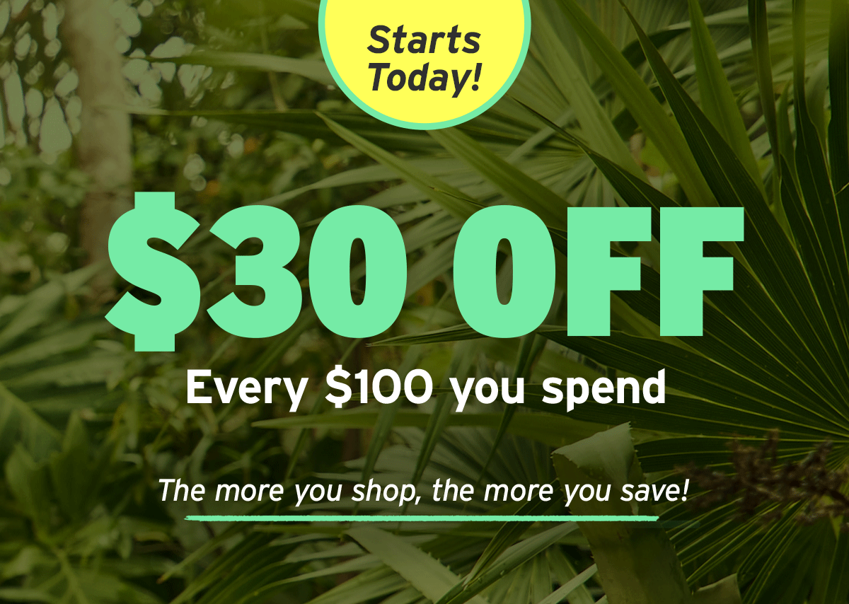 Starts today! $30 off every $100 you spend. The more you shop, the more you save!