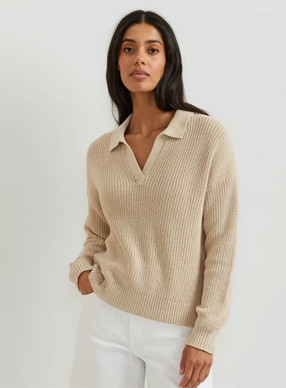 Women's Johnny Collar Polo Sweater in Htr Oatmeal