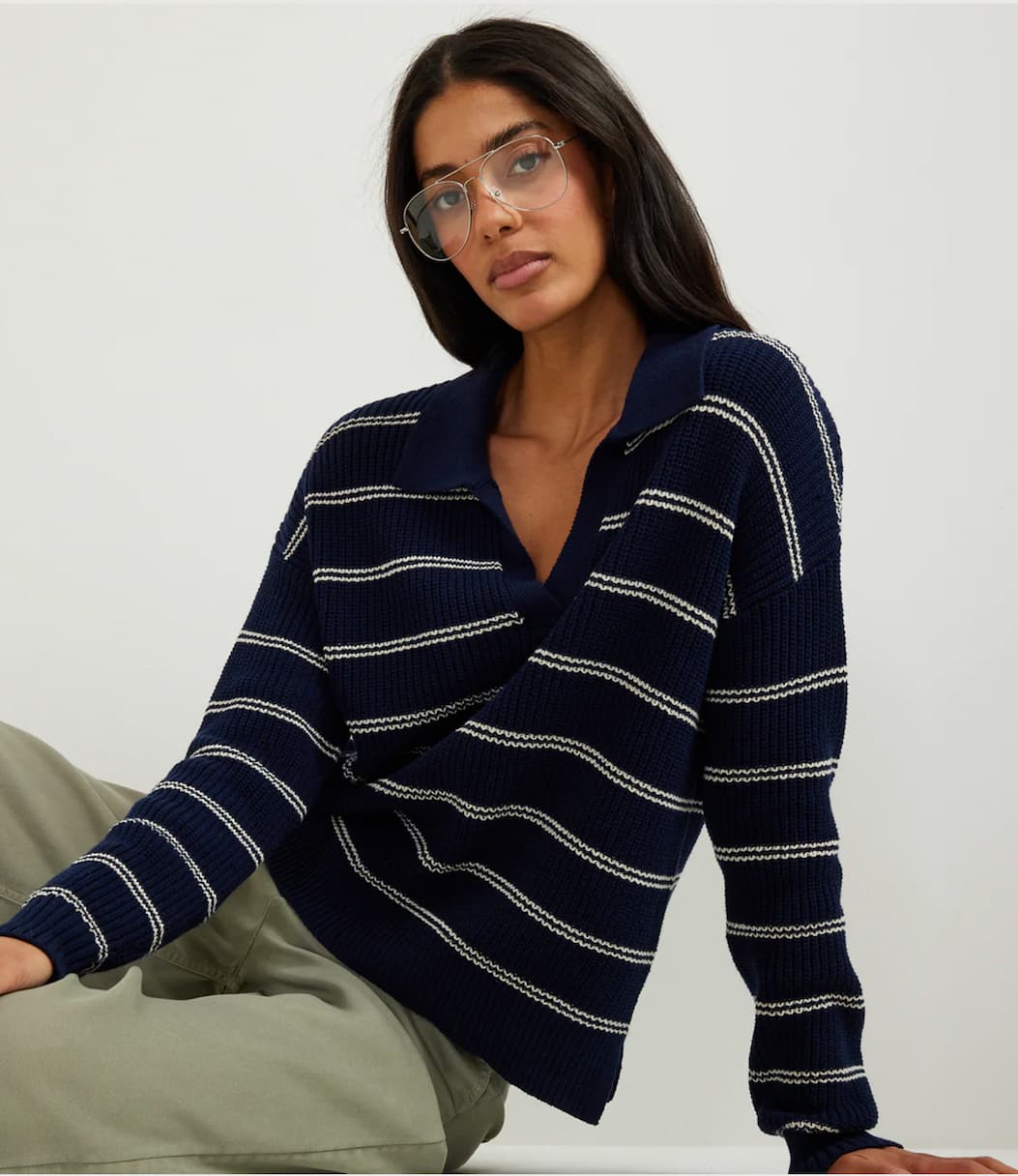 Women's Johnny Collar Striped Sweater in Brook