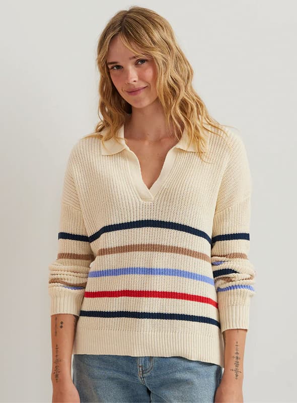 Women's Johnny Collar Multi-Stripe Sweater