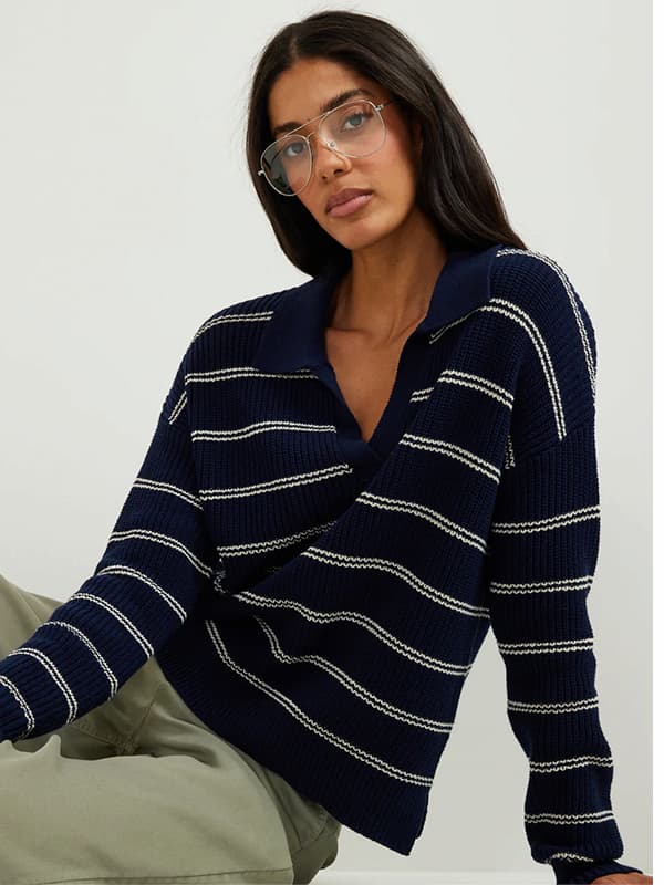 Women's Johnny Collar Striped Sweater