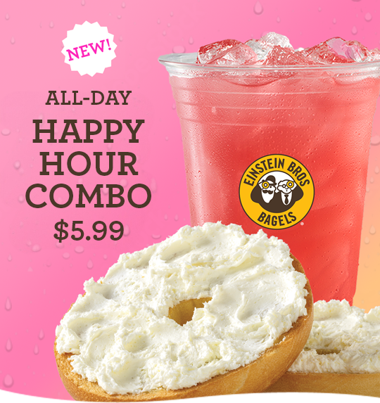 New! All-day Happy Hour Combo only $5.99 Bagel and shmear with Morning Mocktail