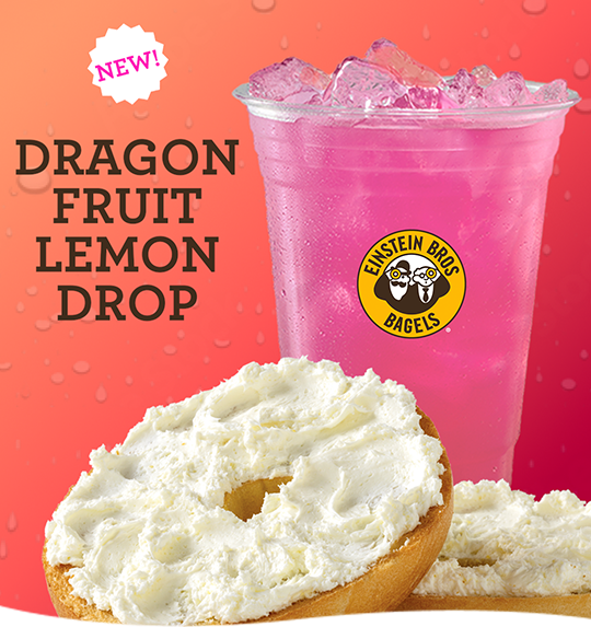 New! Dragon Fruit Lemon Drop shown with bagel and shmear
