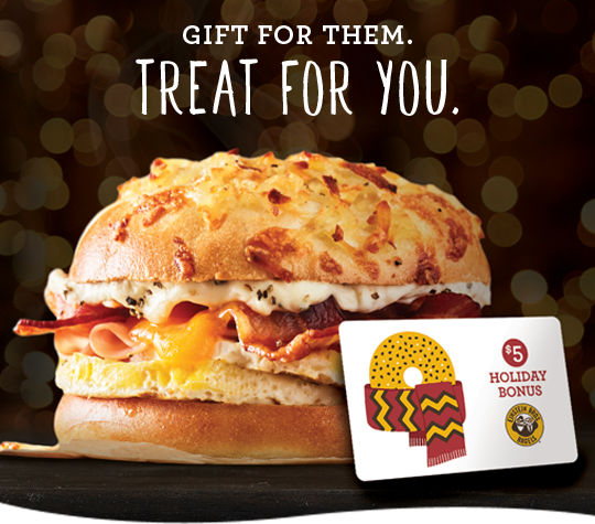 Gift for them. Treat for you. Holiday bonus card next to sandwich.