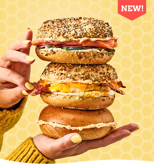 New! Three hot honey bagels stacked