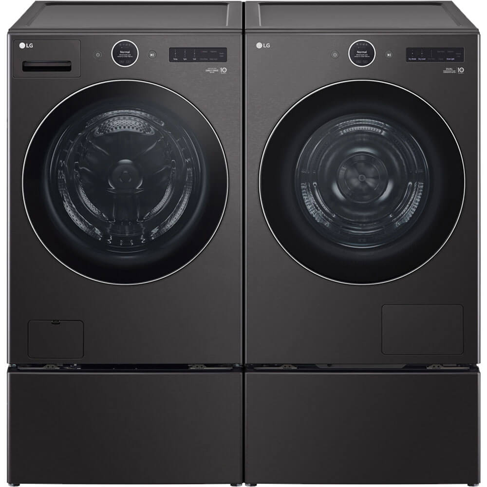 LG Black Steel Front Load Smart Washer/Dryer Pair With Storage Pedestals