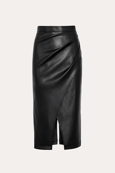 Midi Vegan Leather Wrap Skirt