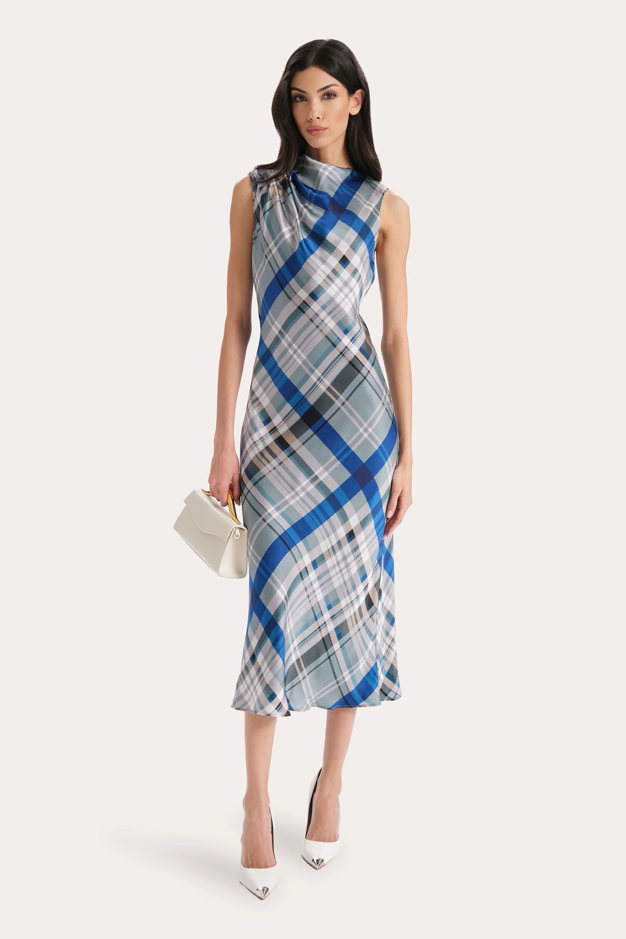 Image of Grace Silk Charmeuse Plaid Draped Midi Dress