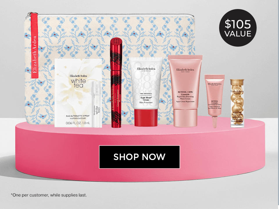 Free 7-piece Elizabeth Arden gift set with $105 value, including skincare, fragrance, and cosmetics in a floral cosmetic bag