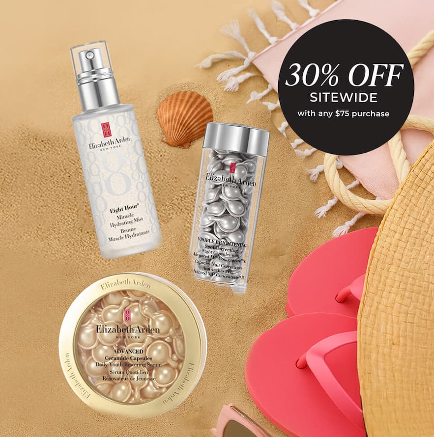Elizabeth Arden skincare products on sand with 30% off sitewide offer