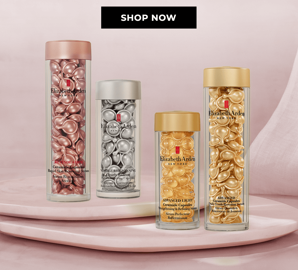 Elizabeth Arden Ceramide Capsules collection in pink, silver, gold, and bronze bottles.