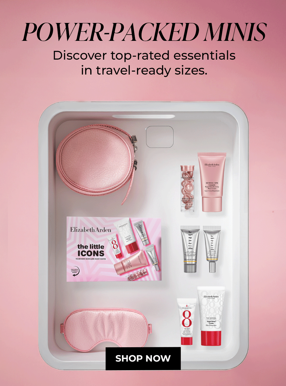Elizabeth Arden gift set with mini skincare products, pink pouch, and eye mask on pink background. Shop Now