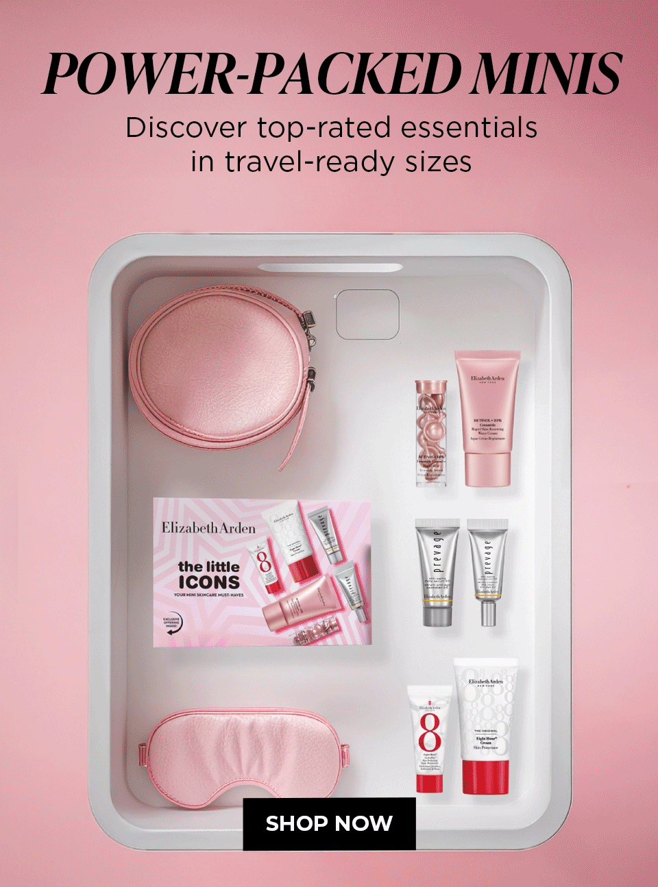 Elizabeth Arden gift set with mini skincare products, pink pouch, and eye mask on pink background. Shop Now