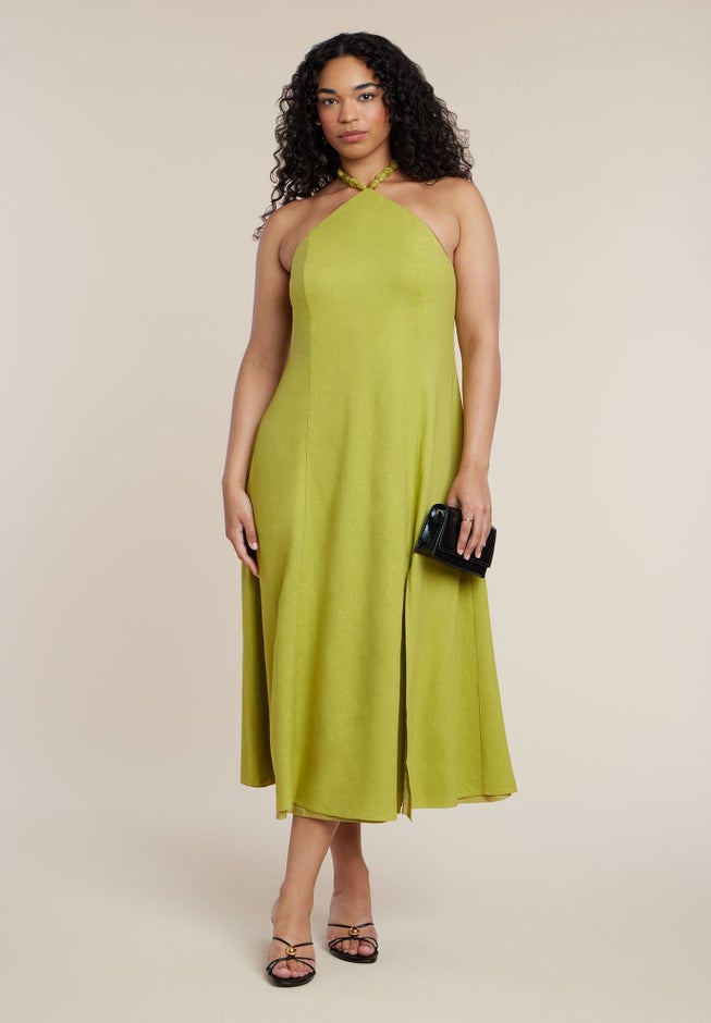 Bead Detail Linen Halter Midi Dress