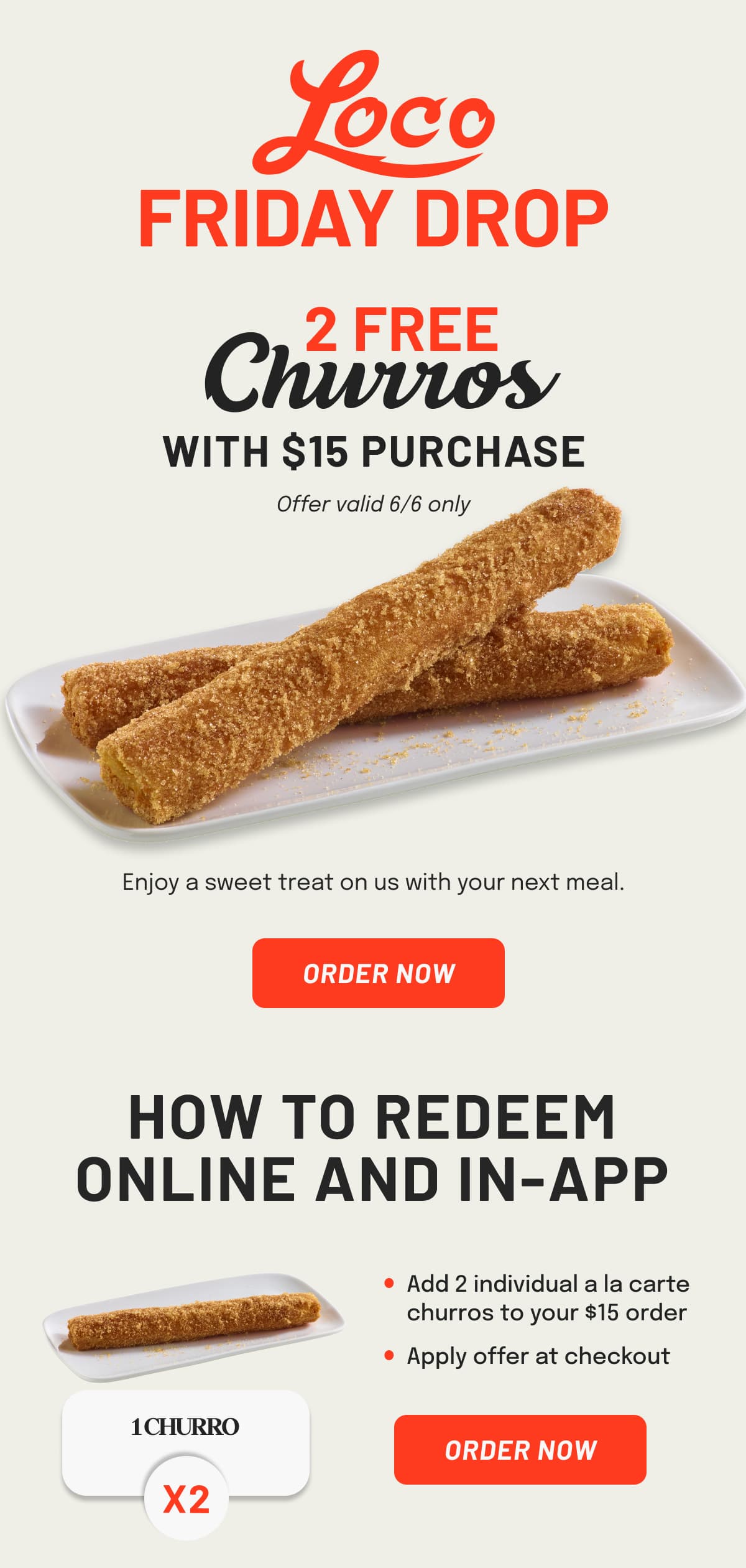 2 Free Churros with $15 purchase
